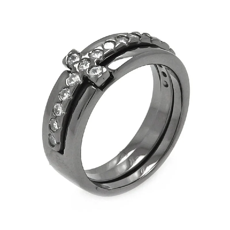 Men’s Wedding Rings-Silver 925 Black Rhodium Plated Clear CZ Cross Ring - BGR00527