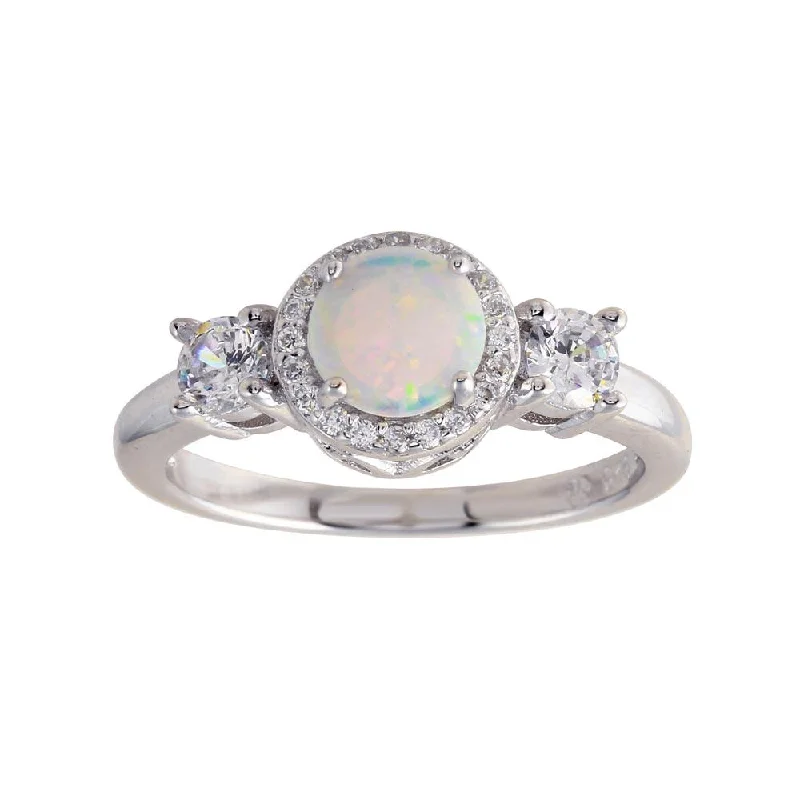 Stylish Wedding Rings-Rhodium Plated 925 Sterling Silver Round Opal Stone Halo CZ Ring - BGR01276