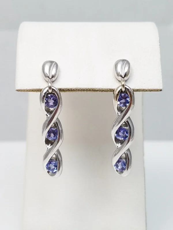 Trendy Silver Earrings-Sexy 14k White Gold Natural Tanzanite Dangle Earrings