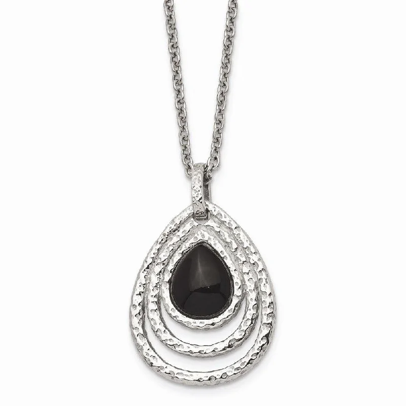 Delicate Pendant Necklaces-Stainless Steel Polished/Textured Black Onyx w/2in ext. Necklace