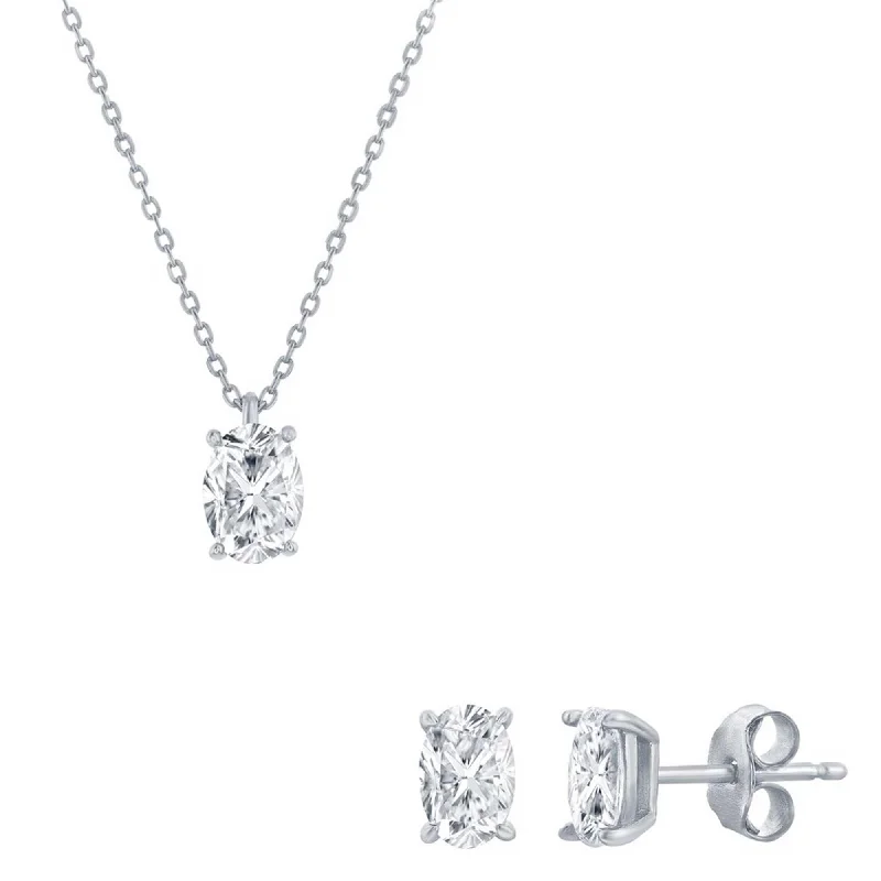 Custom Diamond Necklaces-Classic Women's Necklace and Earrings Set - Silver Solitaire Oval White CZ | SET-618