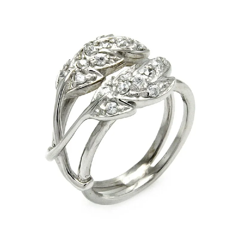 Luxury Wedding Ring Sets-Clearance-Silver 925 Rhodium Plated CZ Double Leaf Ring - STR00282