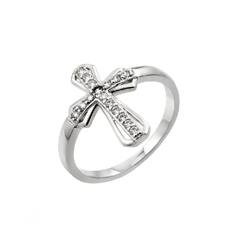 Unique Engagement Rings-Silver 925 Rhodium Plated Clear CZ Cross Ring - BGR00848