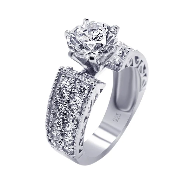 Bold Wedding Bands-Silver 925 Rhodium Plated Pave Set Clear Round Center CZ Engagement Ring - AAR0081