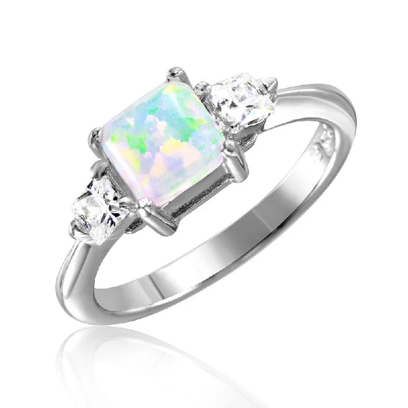 Dainty Gemstone Rings-Silver 925 Rhodium Plated 6mm Synthetic Opal with 3mm CZ On Each Side - BGR01029