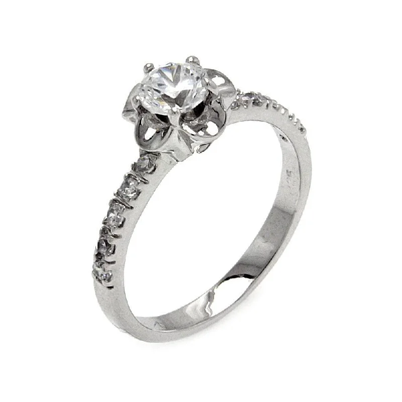 Classic Silver Engagement Rings-Silver 925 Rhodium Plated Clear Round Center CZ Flower Ring - BGR00548