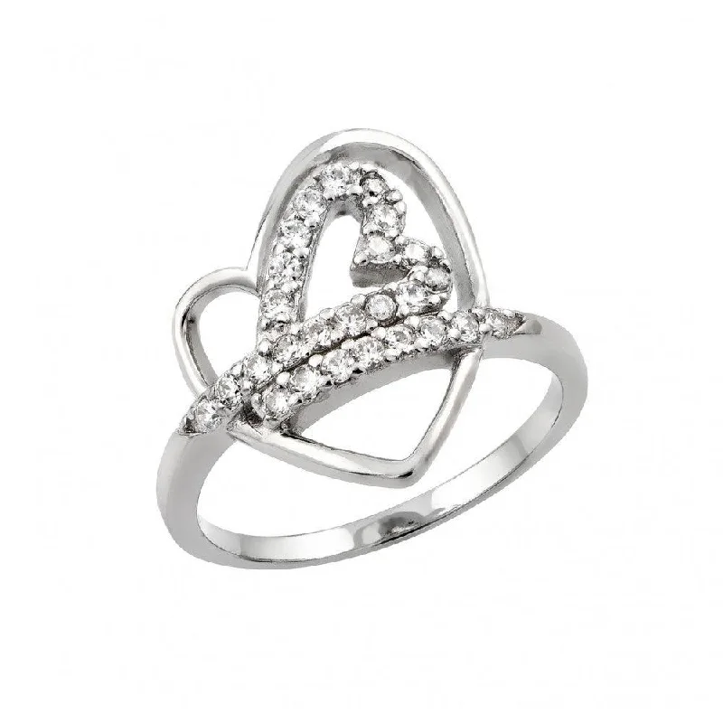 Classic Diamond Rings-Silver 925 Rhodium Plated Clear CZ Inlay Open Heart Ring - STR00970