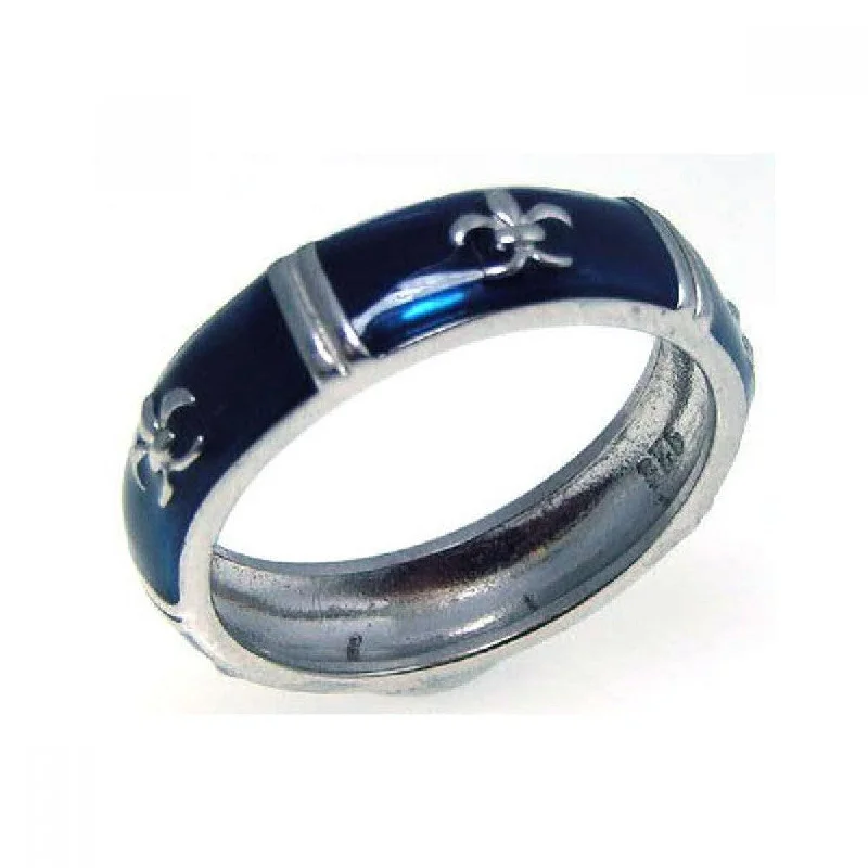 Antique Style Wedding Rings-Silver 925 Rhodium Plated Blue Enamel Fleur De Lis Eternity Ring - STR00526