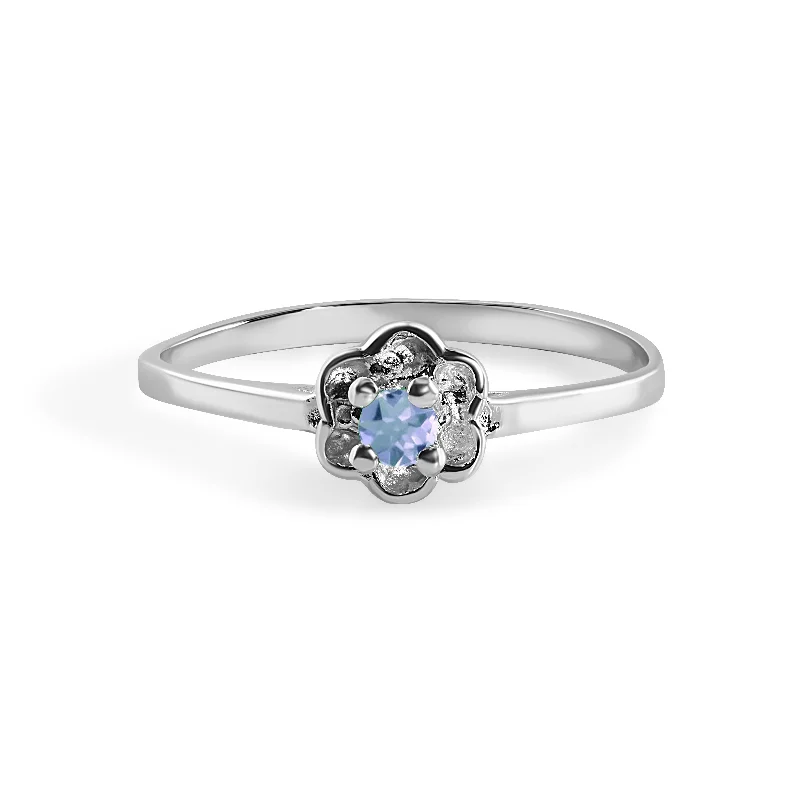 Simple Diamond Wedding Bands-Rhodium Plated 925 Sterling Silver Dainty Birthstone Flower Ring- SPR00004