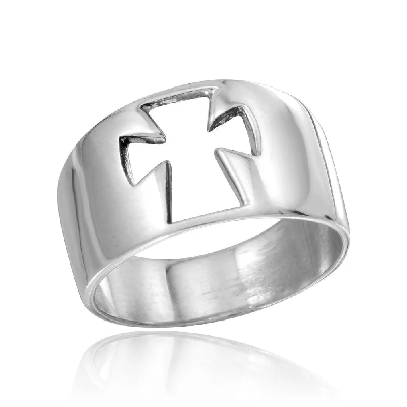 Simple Diamond Wedding Bands-High Polished 925 Sterling Silver Open Cross Ring - CR00754