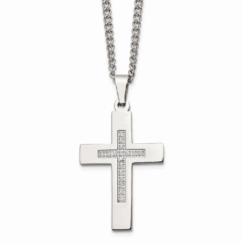 Long Pendant Necklaces-Stainless Steel Polished CZ Cross Necklace