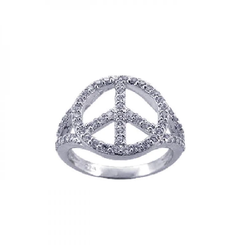 Colored Gemstone Rings-Silver 925 Rhodium Plated CZ Peace Sign Ring - STR00595