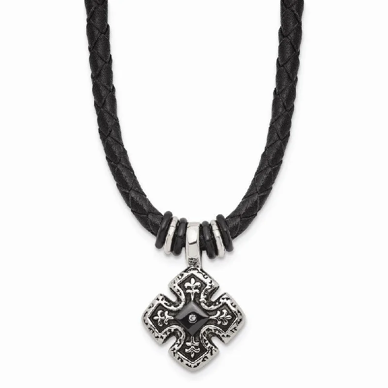 Handmade Necklaces for Women-Stainless Steel Polished Black IP Braided Blk Leather CZ Necklace