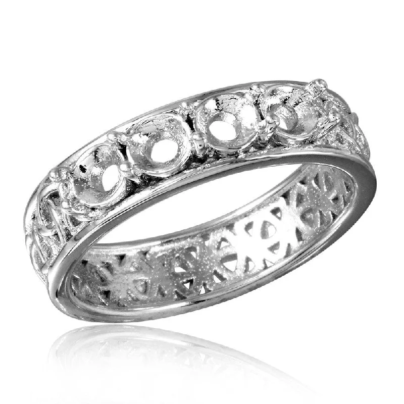 Unique Gemstone Wedding Rings-Silver 925 Rhodium Plated Celtic Designed Band 4 Stones Mounting Ring - BGR00830