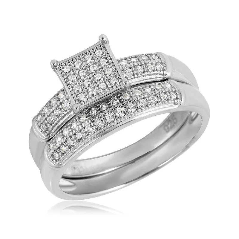 Designer Wedding Bands-Silver 925 Rhodium Plated Square Design Micro Pave Bridal Ring - GMR00116