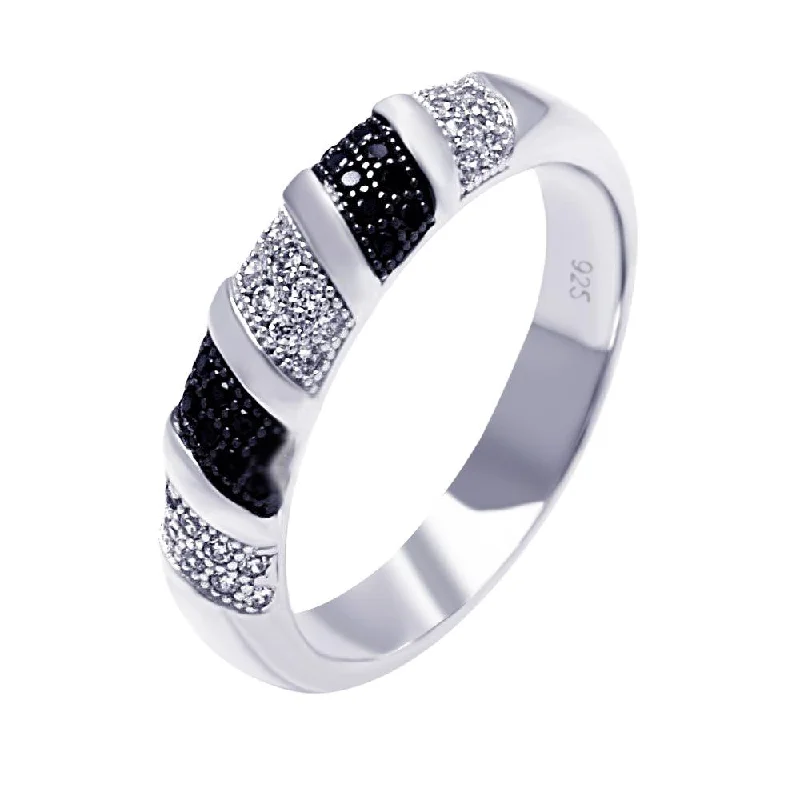 Statement Gemstone Rings-Silver 925 Rhodium and Black Rhodium Plated Black and Clear Micro Pave CZ Stripe Ring - ACR00055