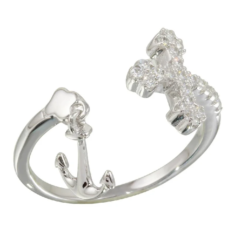 Adjustable Wedding Rings-Rhodium Plated 925 Sterling Silver Open Cross and Anchor Ring with CZ - BGR01146