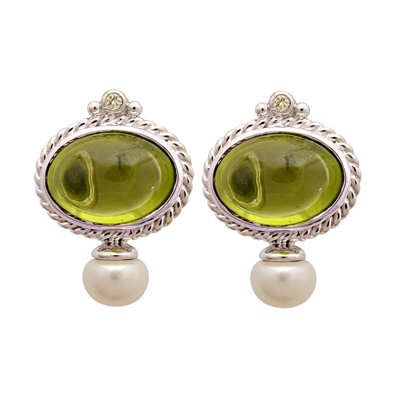 Colorful Earrings for Women-Earrings-Peridot, Fresh Water Pearl and Diamond