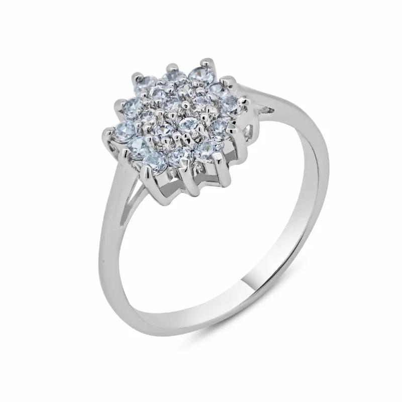 Bridal Engagement Ring Sets-Silver 925 Rhodium Plated Clear Cluster CZ Flower Ring - BGR00391