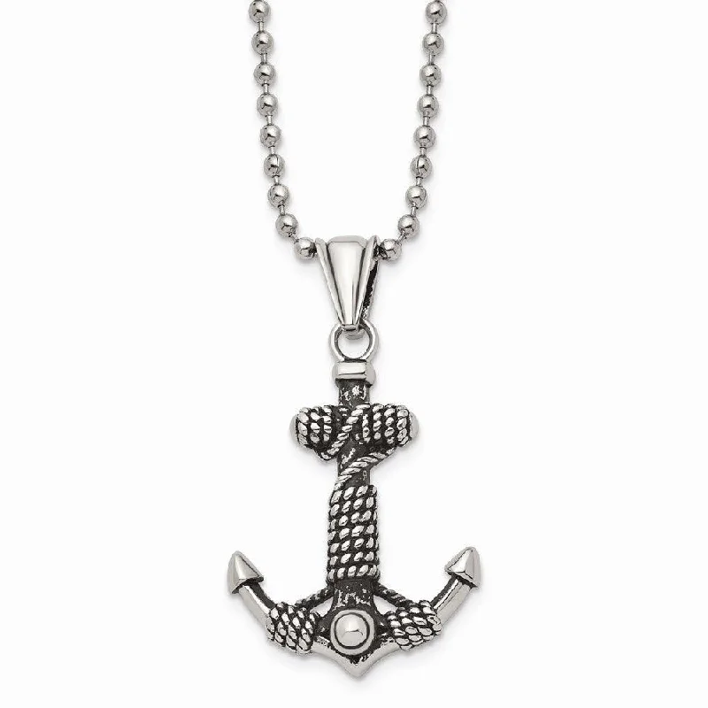 Trendy Necklaces for Women-Stainless Steel Polished and Antiqued Anchor Necklace