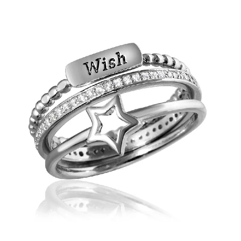 Designer Wedding Rings-Silver 925 Rhodium Plated Triple Band Wish Star Wedding Ring with CZ - STR01061