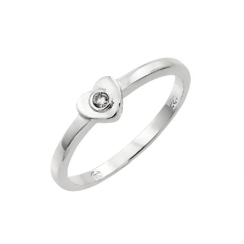 Adjustable Silver Rings-Silver 925 Rhodium Plated Single Clear CZ Heart Ring - BGR00836