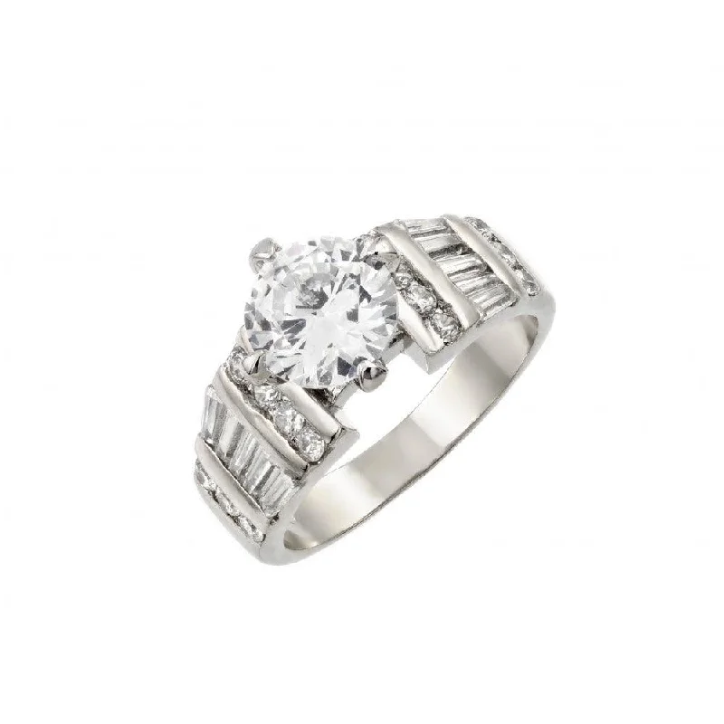 Designer Bridal Rings-Silver 925 Rhodium Plated Stone with Baguette Ring - BGR00009