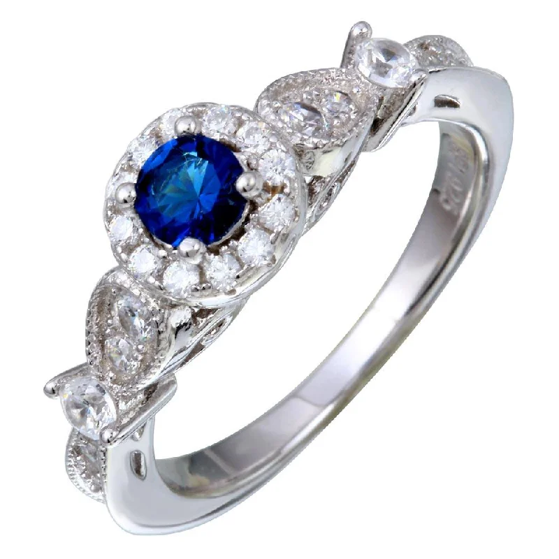 Stylish Adjustable Rings-Rhodium Plated 925 Sterling Silver Clear and Blue CZ Ring - STR01091