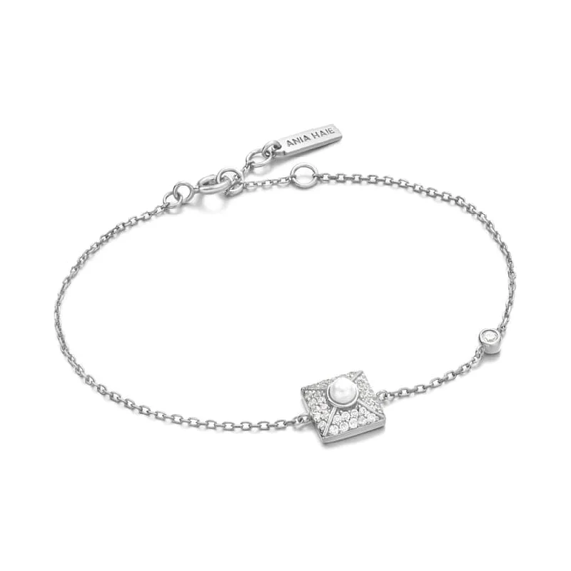 Custom Nameplate Bracelets-Silver Pearl Pave Bracelet