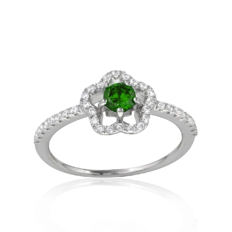 Elegant Silver Rings-Rhodium Plated 925 Sterling Silver Clover Micropave Ring with Green Center CZ and Clear Round CZ - BGR01120GRN