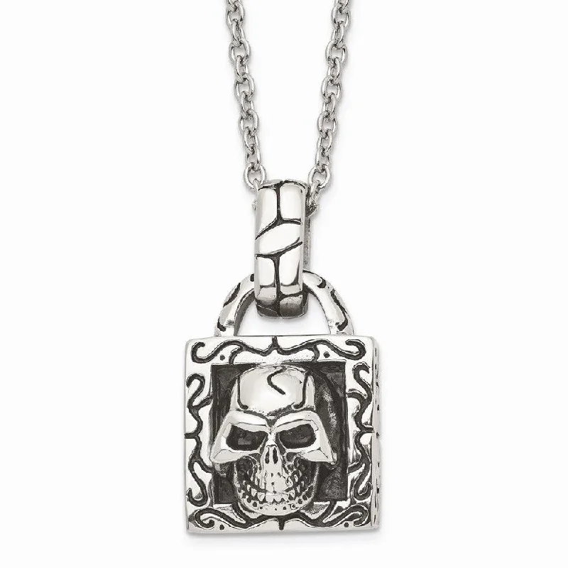 Romantic Gold Necklaces-Stainless Steel Polished and Antiqued Skull Necklace