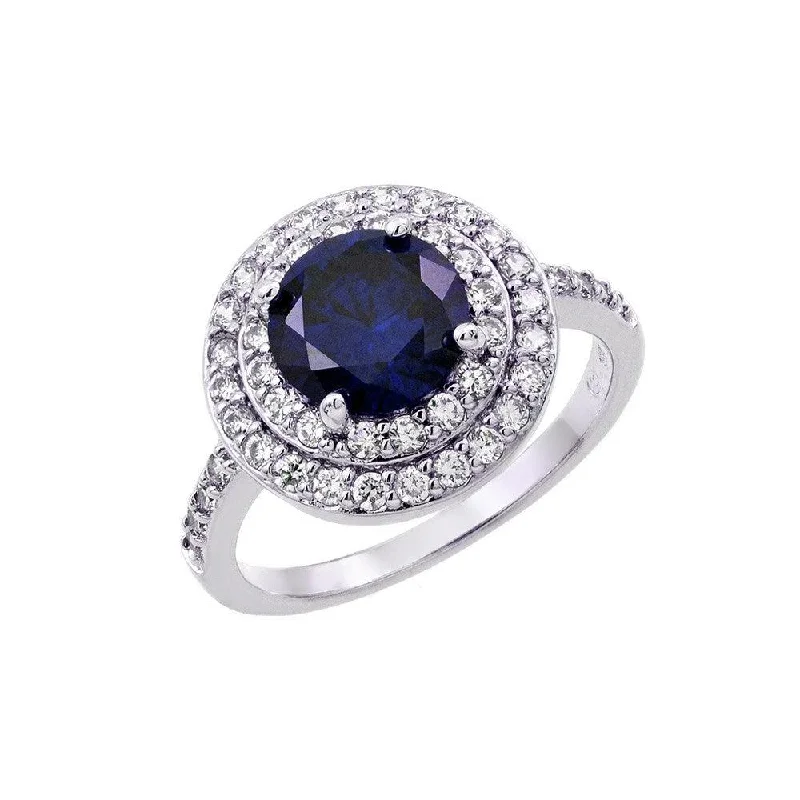 Simple Silver Rings-Silver 925 Rhodium Plated Blue Center and Clear Cluster CZ Ring - BGR00886TAN