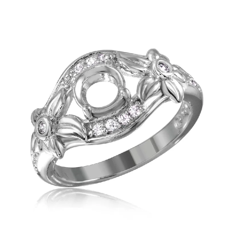 Simple Gemstone Wedding Rings-Silver 925 Rhodium Plated Flower Shank Single Stone Mounting Ring - BGR00814