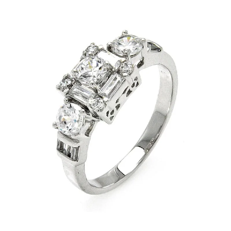 Trendy Rings for Men-Silver 925 Rhodium Plated Clear Round and Baguette CZ Bridal Ring - BGR00476