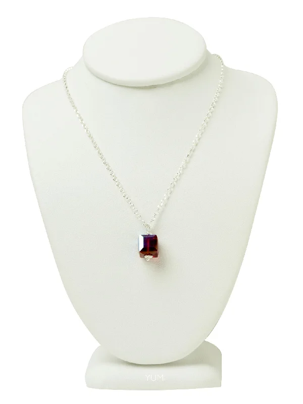 High-Quality Silver Necklaces-Ruby Red Crystal Cube Necklace