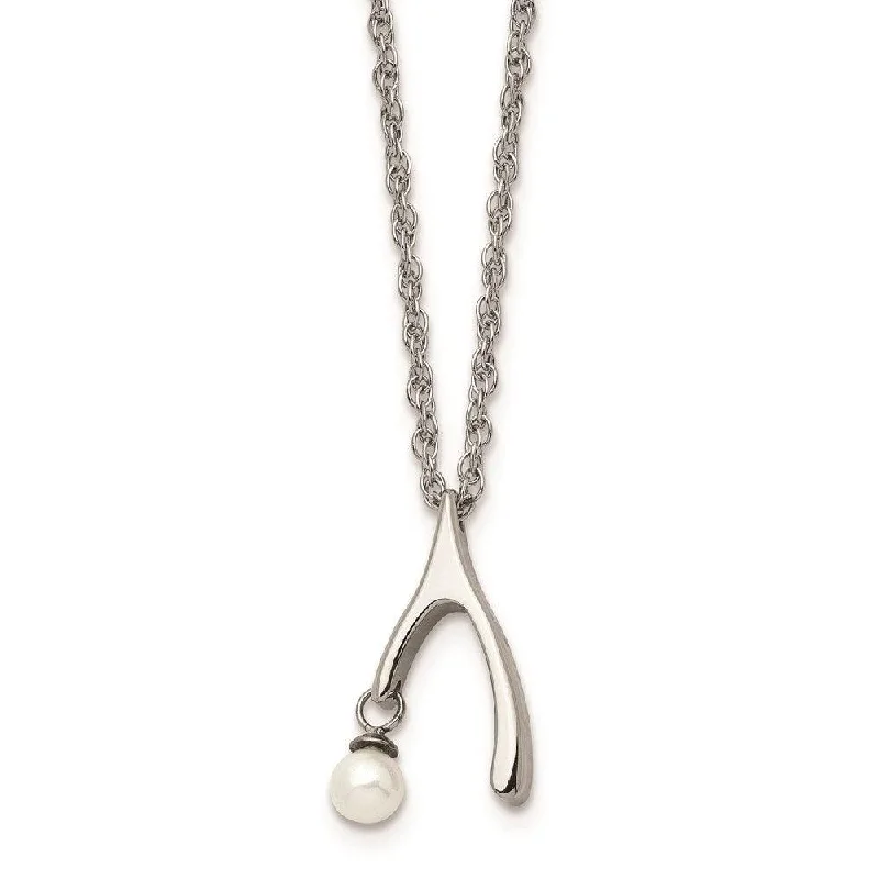 Wedding Gold Necklaces-Stainless Steel Polished Wishbone Imitation Pearl 16in Necklace