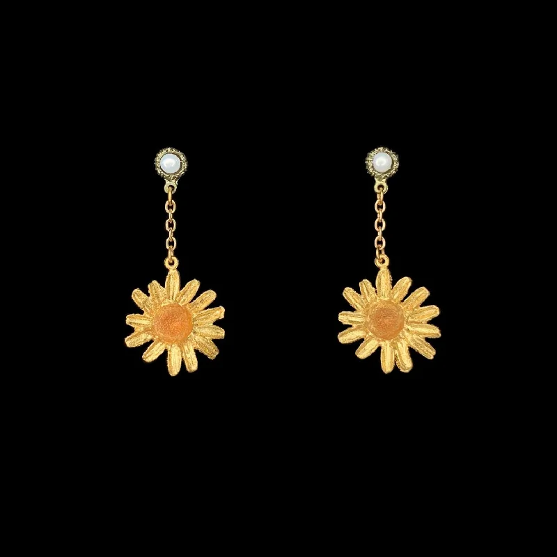 Fine Gold Earrings-Yellow Butter Daisy Earrings - Pearl Dangle Post