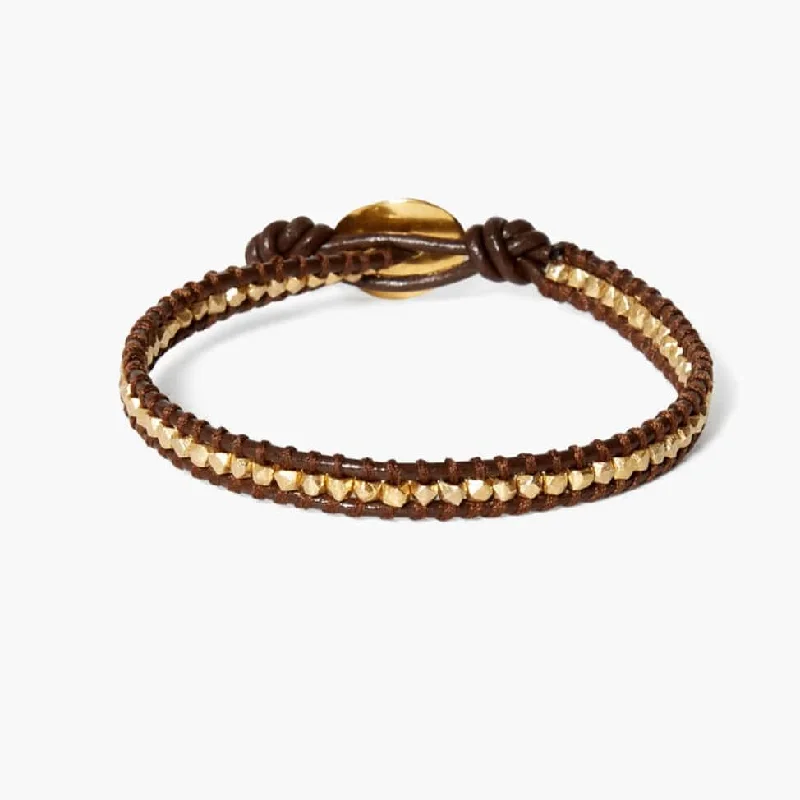 Custom Gemstone Link Bracelets-Single Vermeil Nugget Wrap Bracelet with Brown Leather