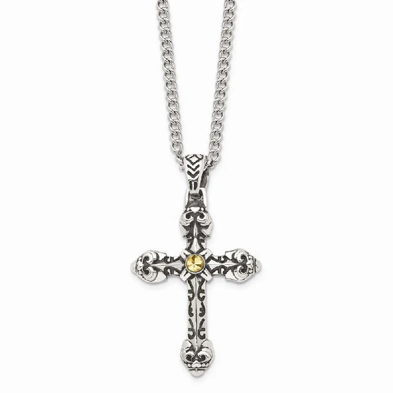 Fine Silver Necklaces-Stainless Steel Antiqued Yellow IP-plated D/C Center Cross Necklace