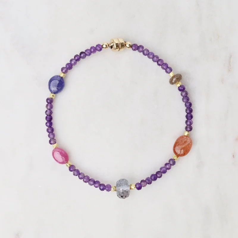 Customizable Leather Bracelets-Amethyst and Sunstone Mixed Bead Bracelet