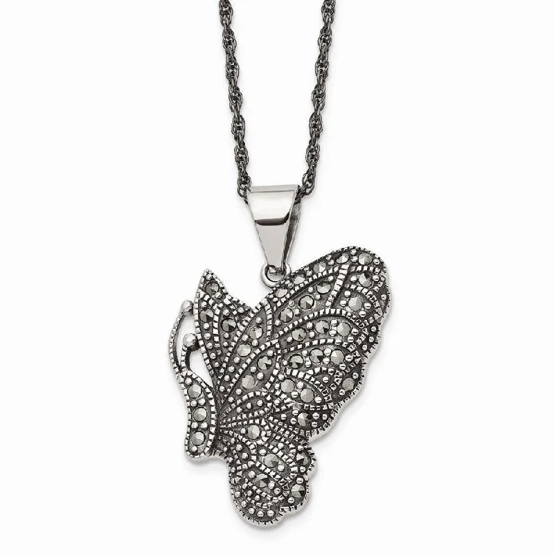 Personalized Gemstone Necklaces-Stainless Steel Butterfly Marcasite Necklace