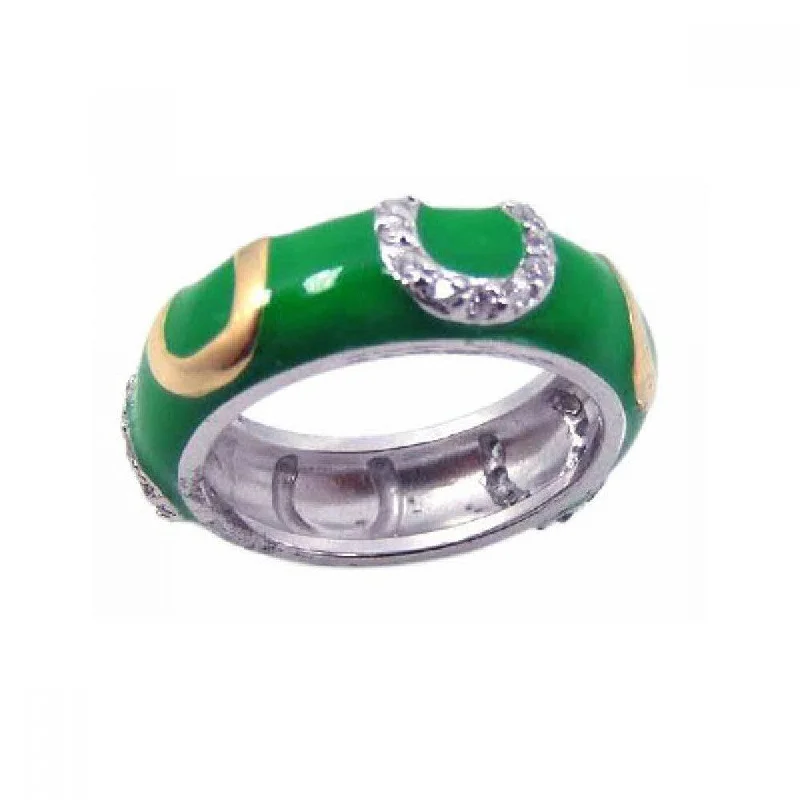 Sparkling Wedding Ring Sets-Clearance-Silver 925 Rhodium Plated Green Enamel CZ Horse Shoe Ring - STR00455