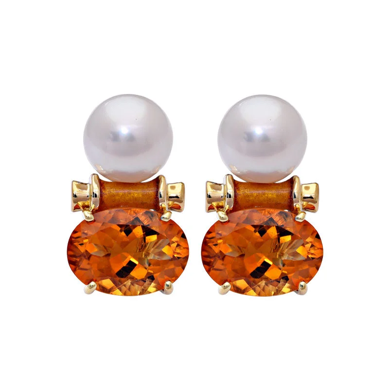 Colorful Gemstone Earrings-Earrings- Citrine and South Sea Pearl (Enamel)