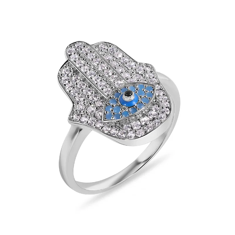 Modern Diamond Rings-Rhodium Plated 925 Sterling Silver Hamsa Evil Eye Clear Turquoise CZ Studded 18.6mm Ring - GMR00409