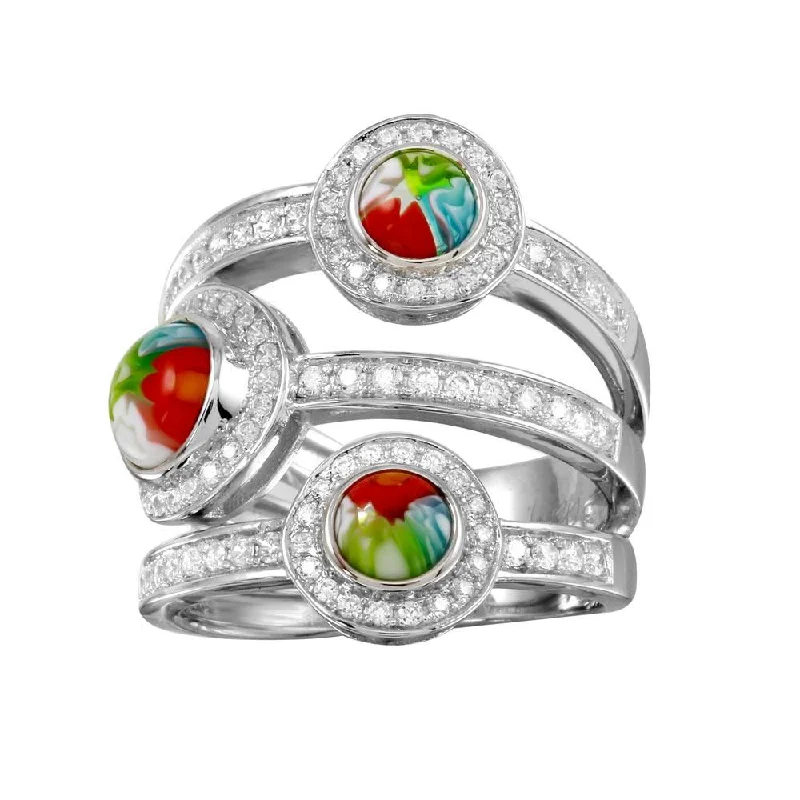 High-Quality Silver Rings-Rhodium Plated 925 Sterling Silver 3 Row 3 Round Murano Glass CZ Ring - MR00003