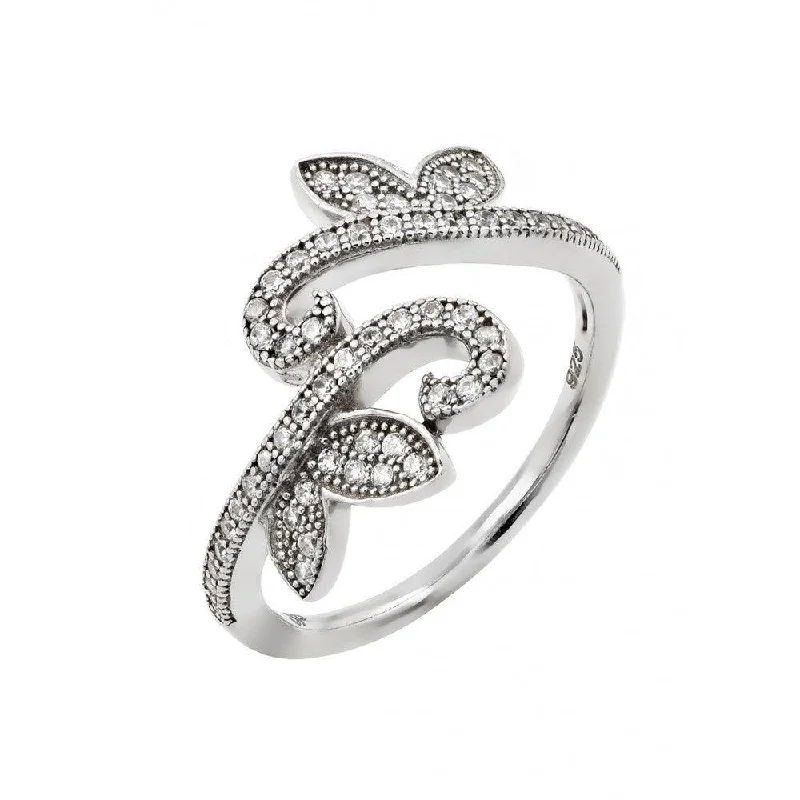 Customizable Rings for Women-Silver 925 Rhodium Plated Pave Set Clear CZ Leaf Vine Ring - GMR00007