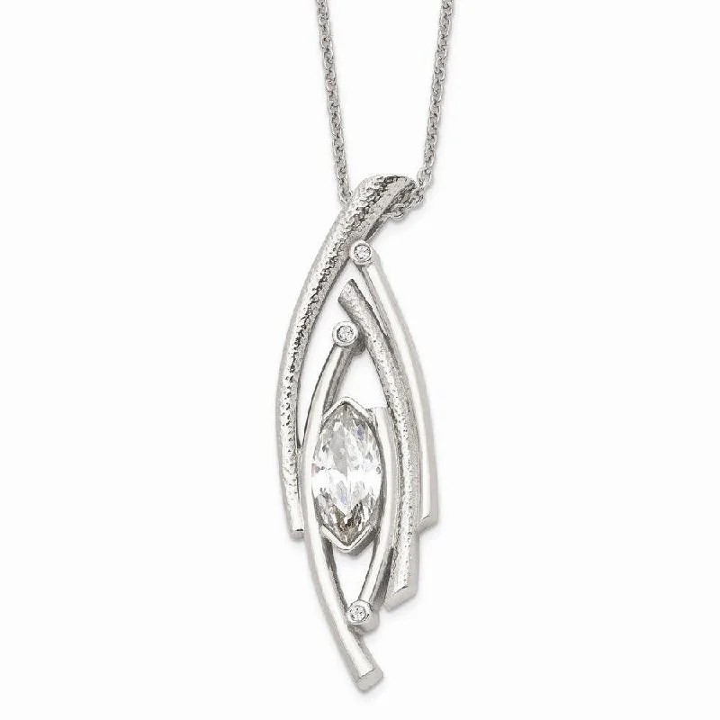 Heart-Shaped Diamond Necklaces-Stainless Steel Polished/Textured CZ w/2in ext. Necklace