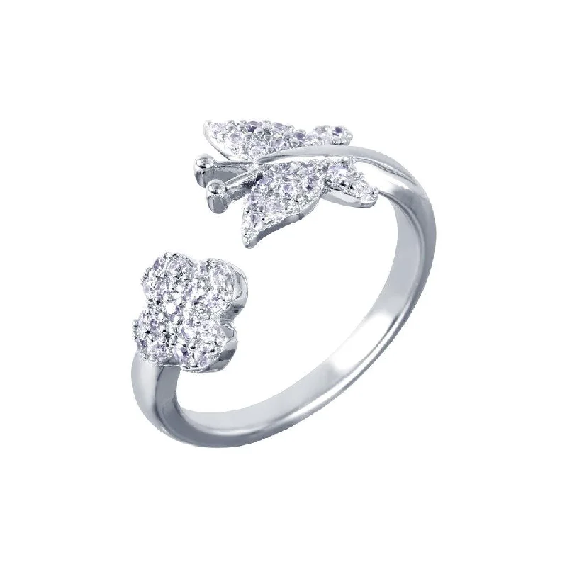 Wedding Ring Sets-Silver 925 Rhodium Plated Butterfly and Flower Open Ring with CZ Accents - BGR00987