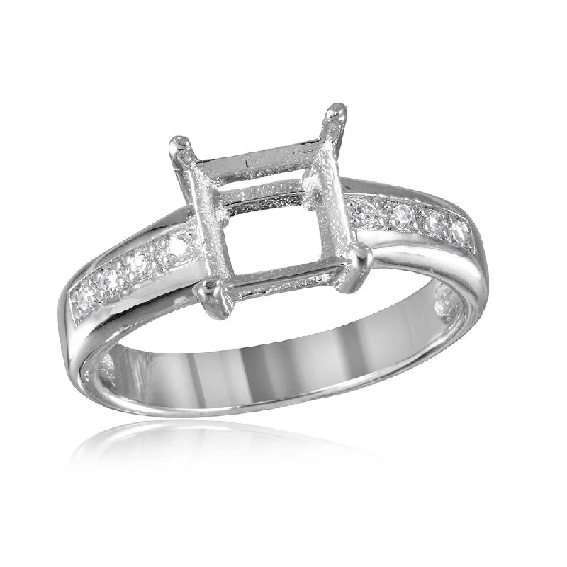 Custom Wedding Ring Sets-Silver 925 Rhodium Plated Square Mounting with CZ Stones Ring - BGR00492