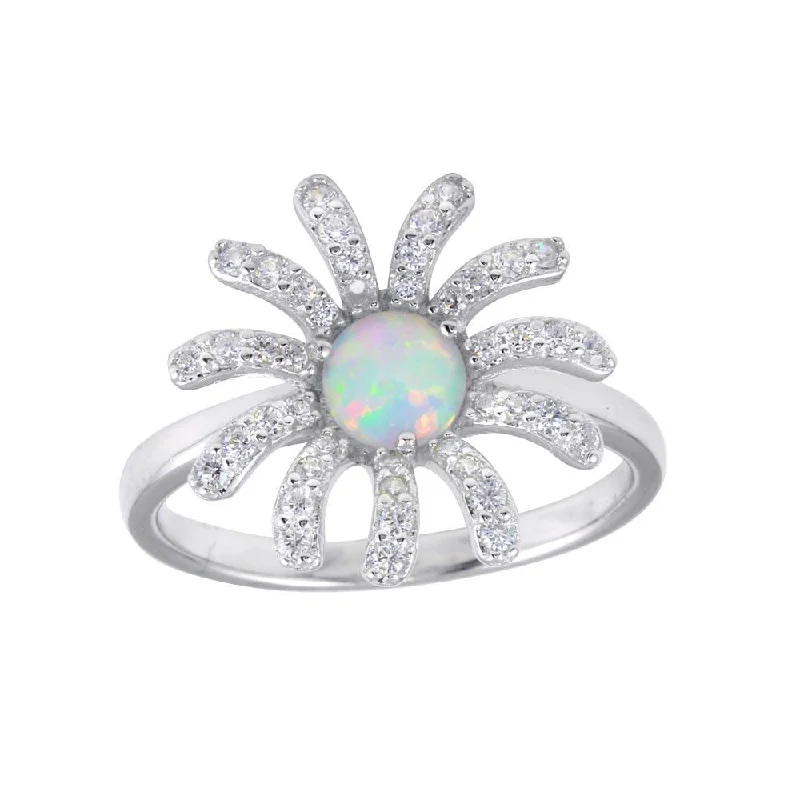 Handcrafted Wedding Bands-Rhodium Plated 925 Sterling Silver Flower Synthetic Opal Center CZ Ring - BGR01259